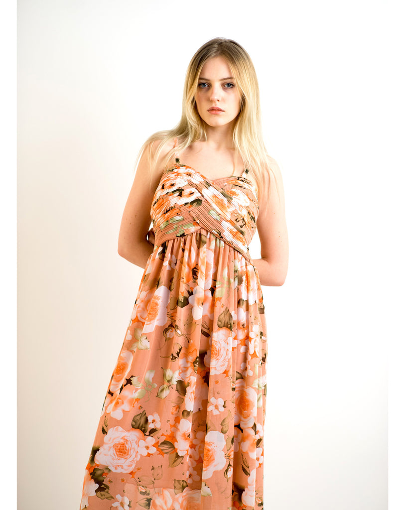 Printed Chiffon Maxi Dress KK6228 (PEACH FLORAL PRINT)