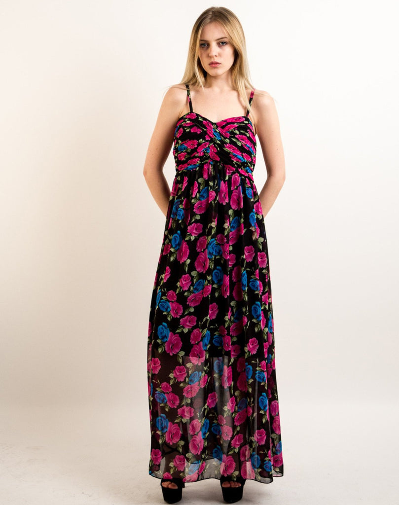 Printed Chiffon Maxi Dress KK6228 (PINK BLUE FLORAL PRINT)