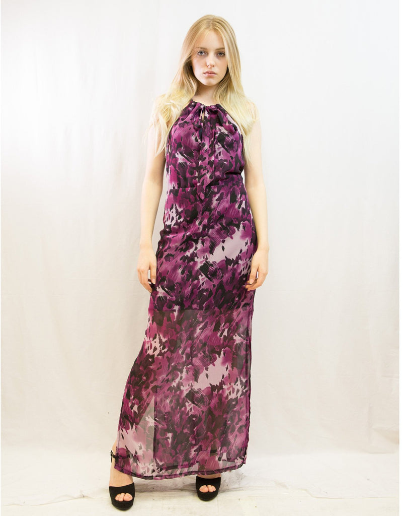 Purple Print Chiffon Maxi Dress