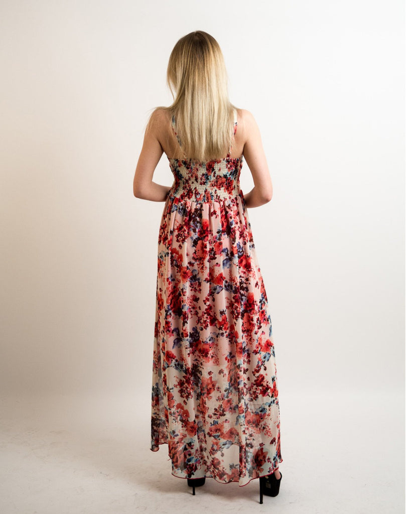 Printed Chiffon Maxi Dress KK6228 (RED BLUE FLORAL PRINT)