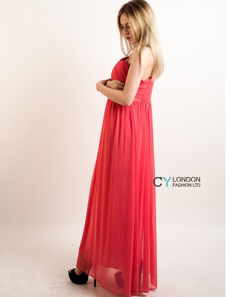 Pleated Bust  Maxi Dress (Coral)