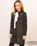 Leaves print shirt dress with scarf (Black)