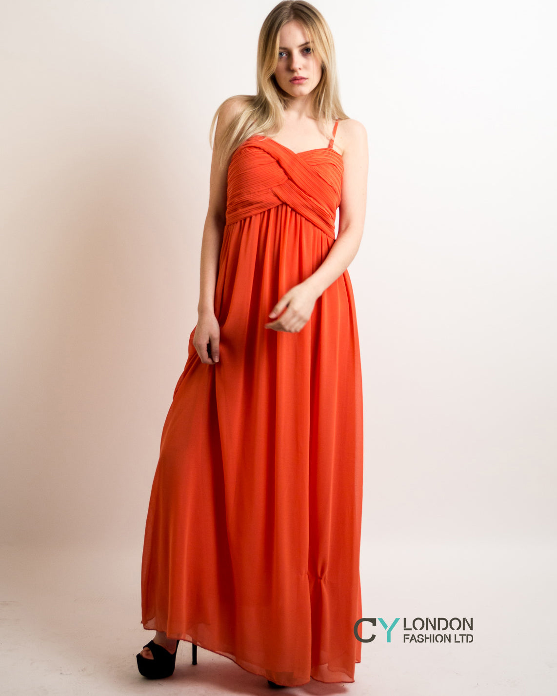 Pleated Bust &amp; Sweetheart Neckline Maxi Dress (Orange)