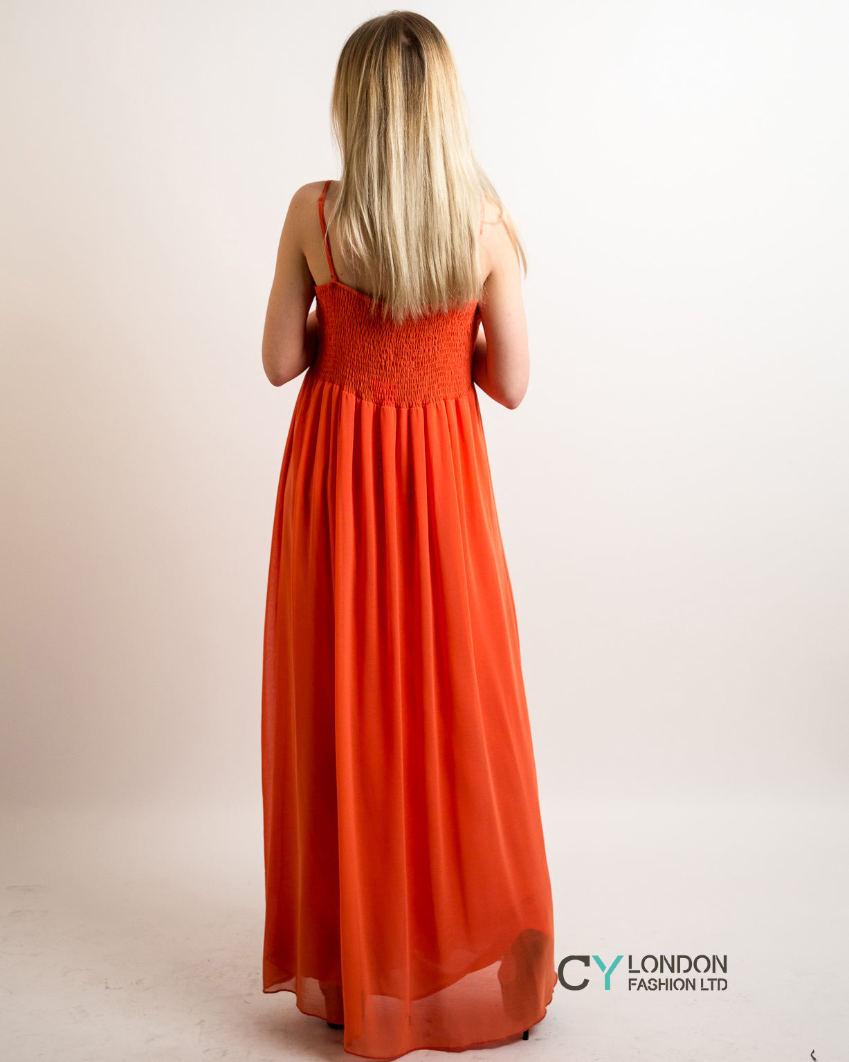 Pleated Bust &amp; Sweetheart Neckline Maxi Dress (Orange)