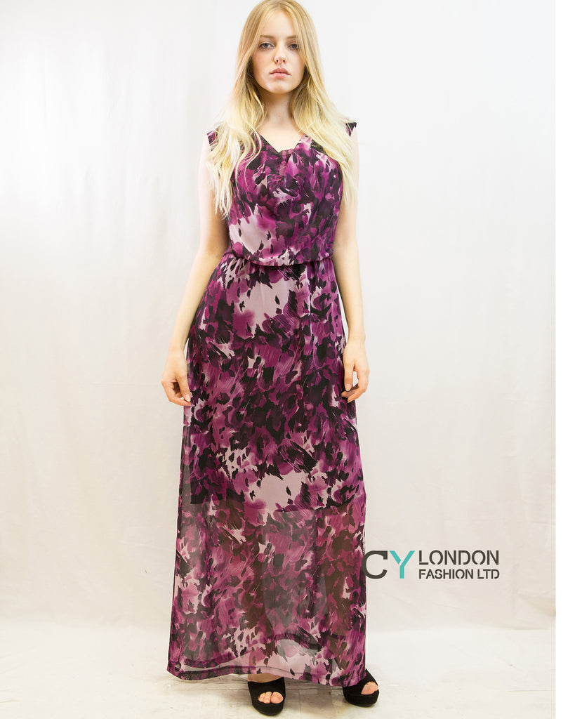 Purple Print Drape Detail Chiffon Maxi Dress