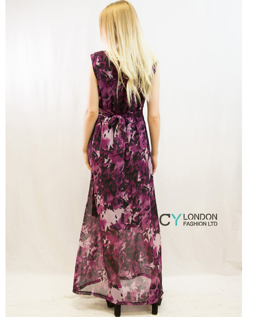 Purple Print Drape Detail Chiffon Maxi Dress