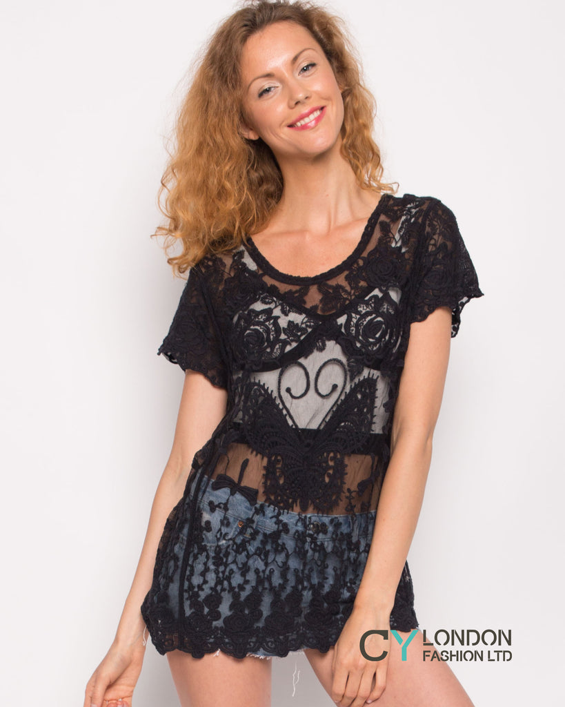 Crochet Top with Butterfly detail (Black)