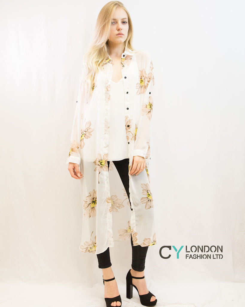 Big Floral Printed Maxi Shirt Dress (White)