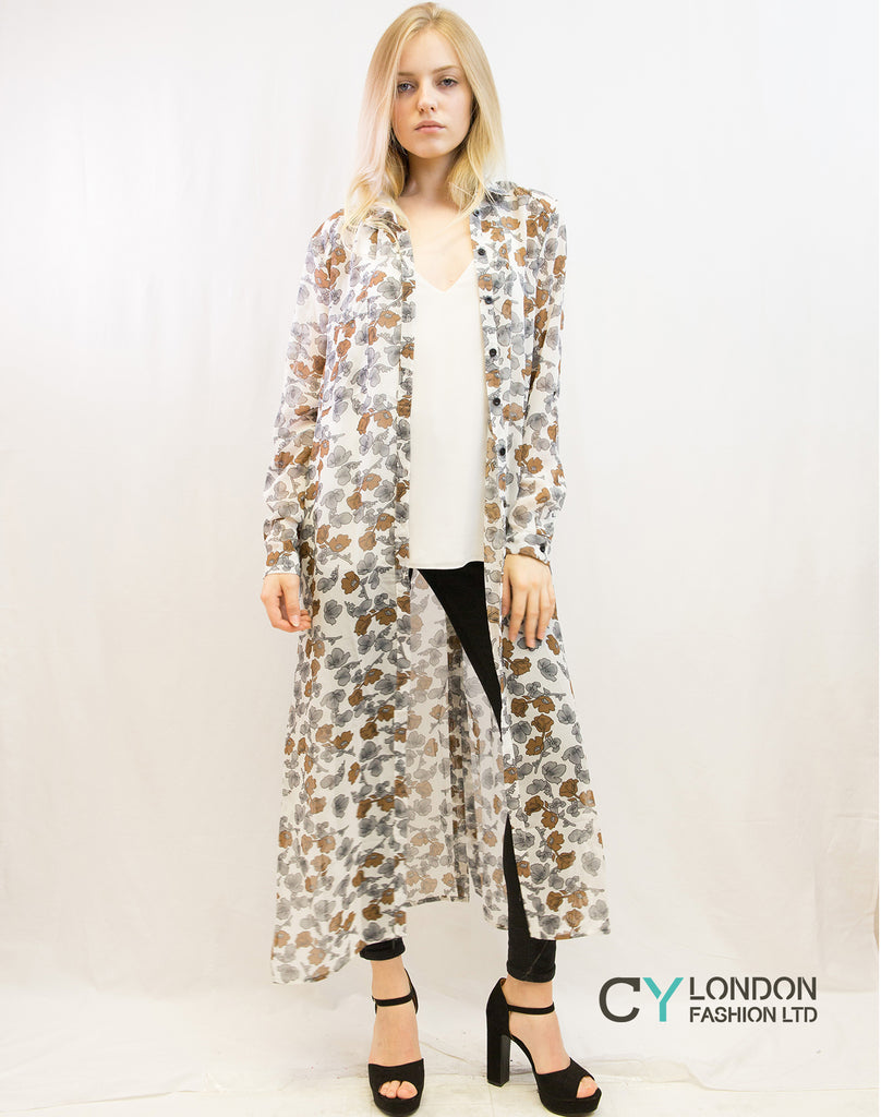 Multi Floral Print long Shirt Dress (White)