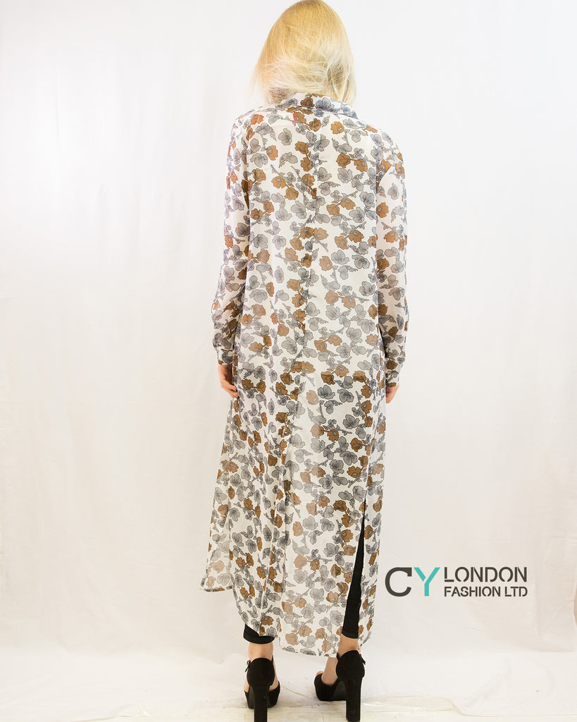 Multi Floral Print long Shirt Dress (White)