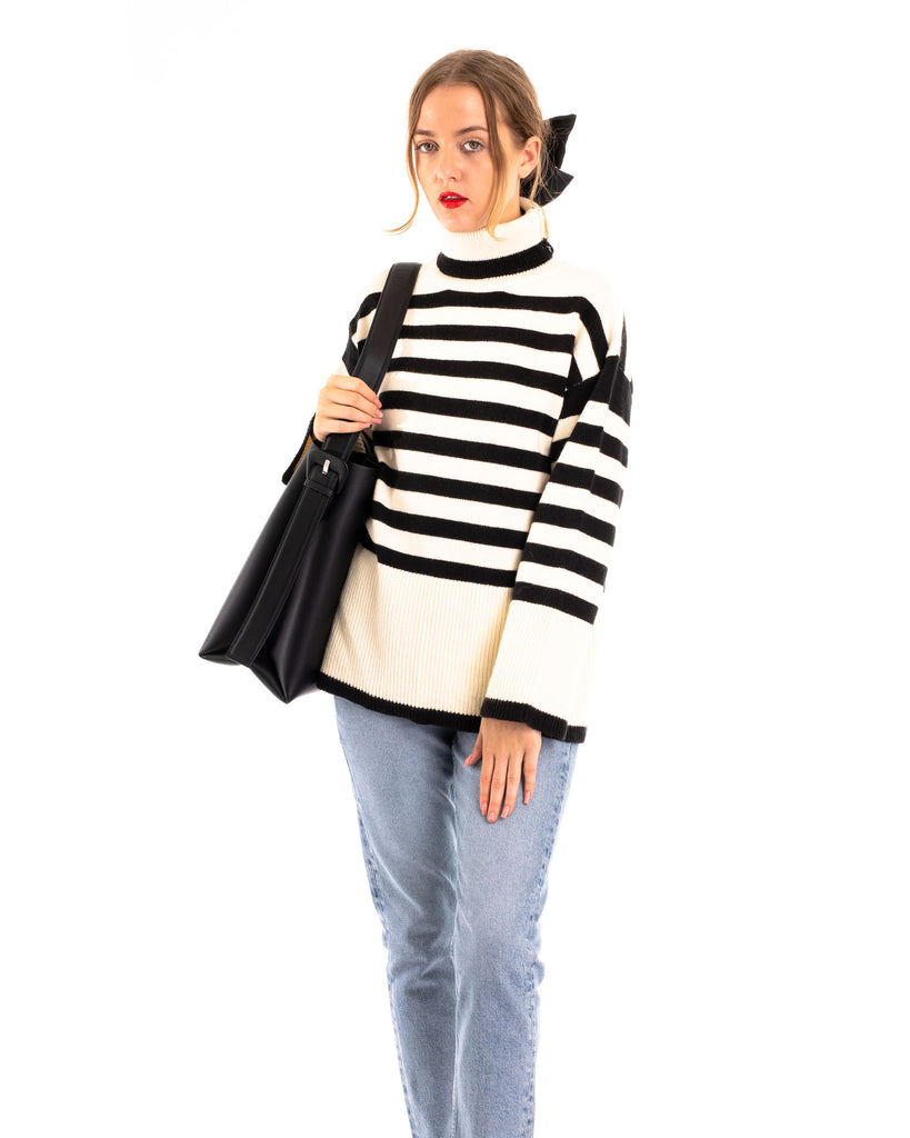 Soft Knit Striped roll-neck design cozy wool-blended jumper in white