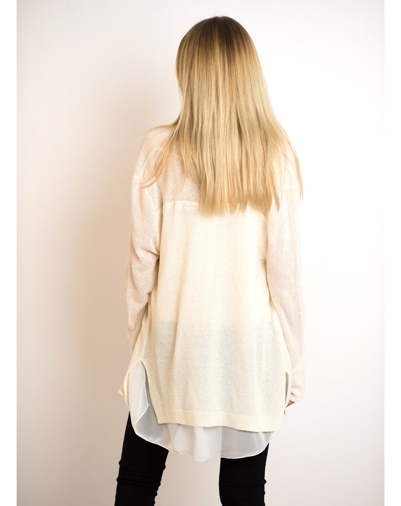 Waterfall collar Knitted cardigan with chiffon detail (White)