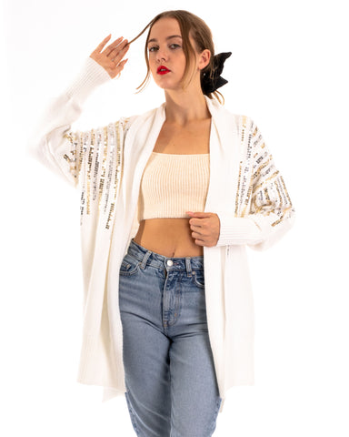Sequin embellished shoulder and front soft knit cardigan