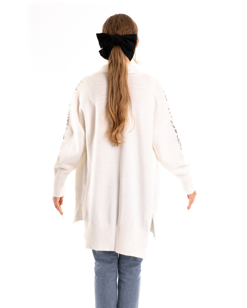 Sequin embellished shoulder and front soft knit cardigan