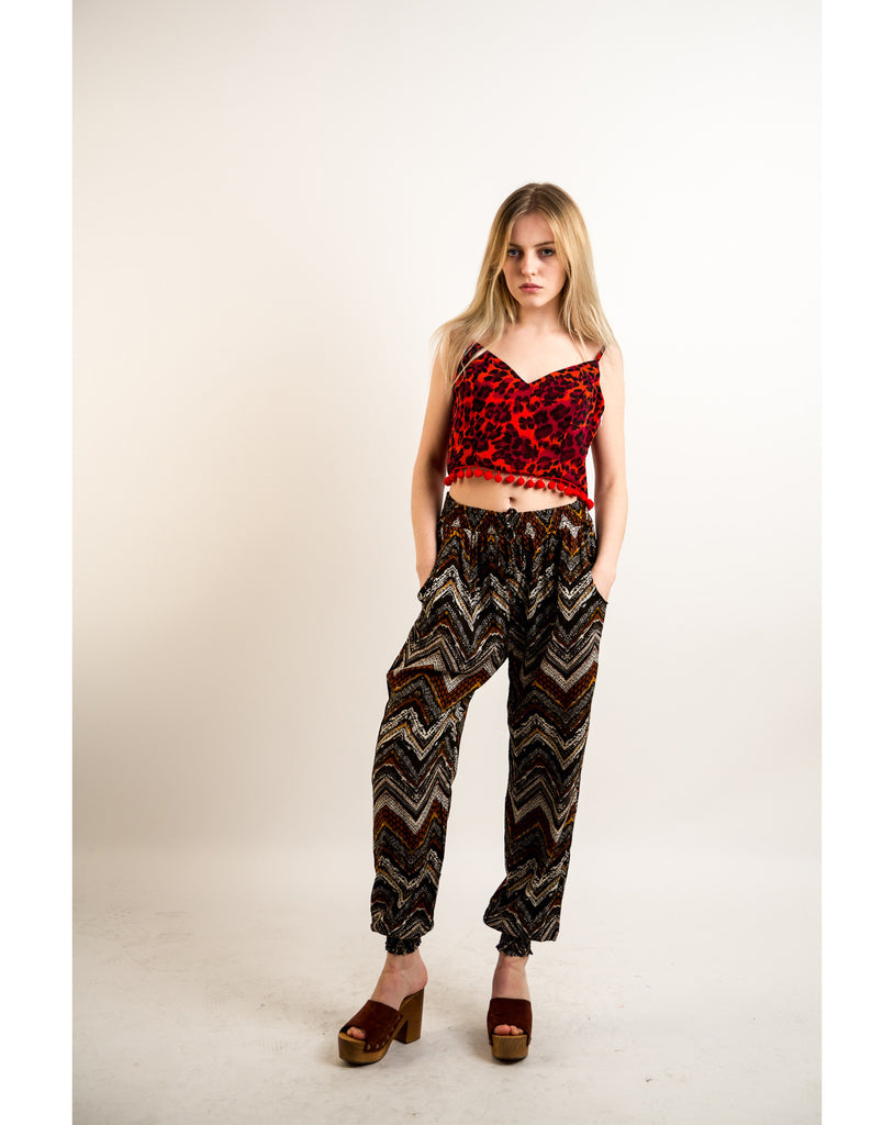 Stripe print elasticated waist Cotton Trousers (Wine)