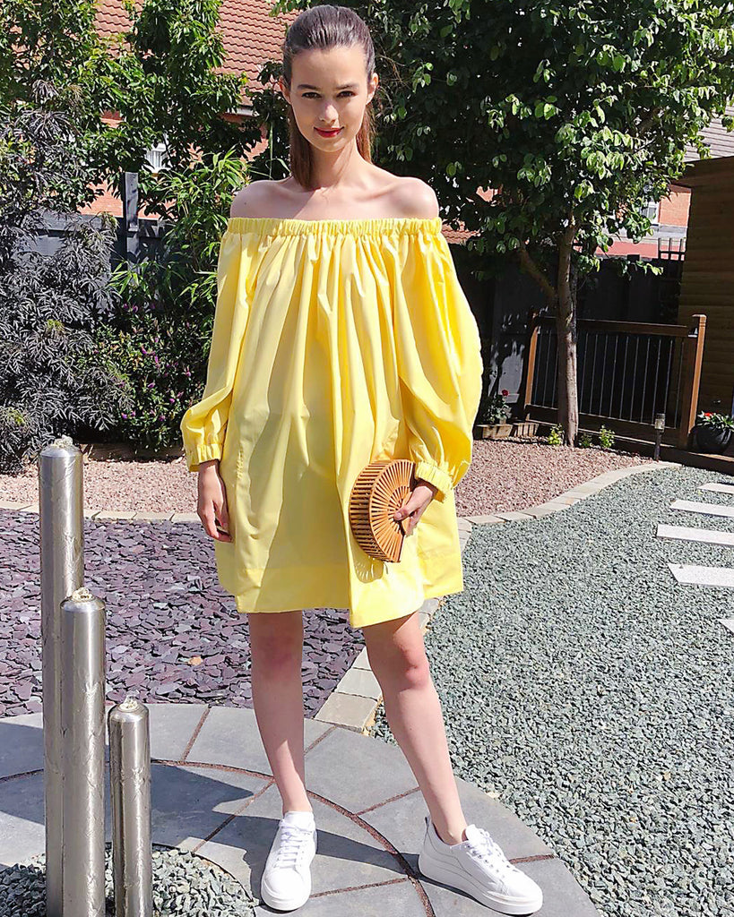 Off shoulder long sleeves oversize dress in Yellow