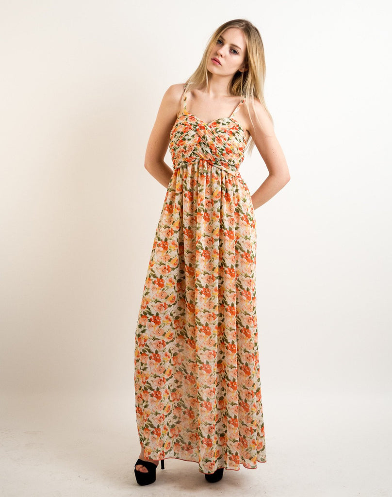 Printed Chiffon Maxi Dress KK6228 (YELLOW GREEN FLORAL PRINT)