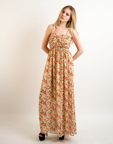 Printed Chiffon Maxi Dress KK6228 (YELLOW GREEN FLORAL PRINT)