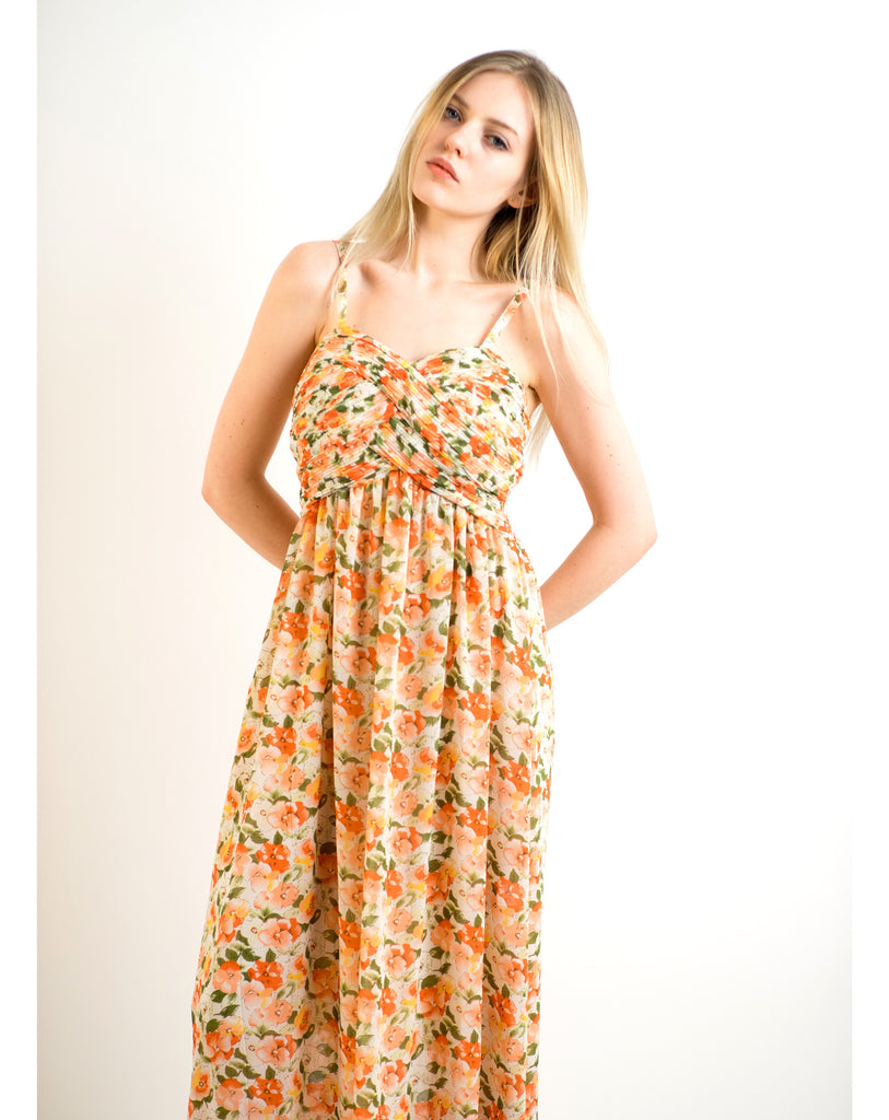 Printed Chiffon Maxi Dress KK6228 (YELLOW GREEN FLORAL PRINT)