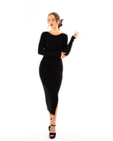 Ribbed midi Knit dress long sleeves in plain black