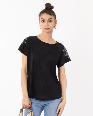 Stud Shoulder Print T-shirt (Black)