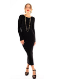 Ribbed midi Knit dress long sleeves in plain black