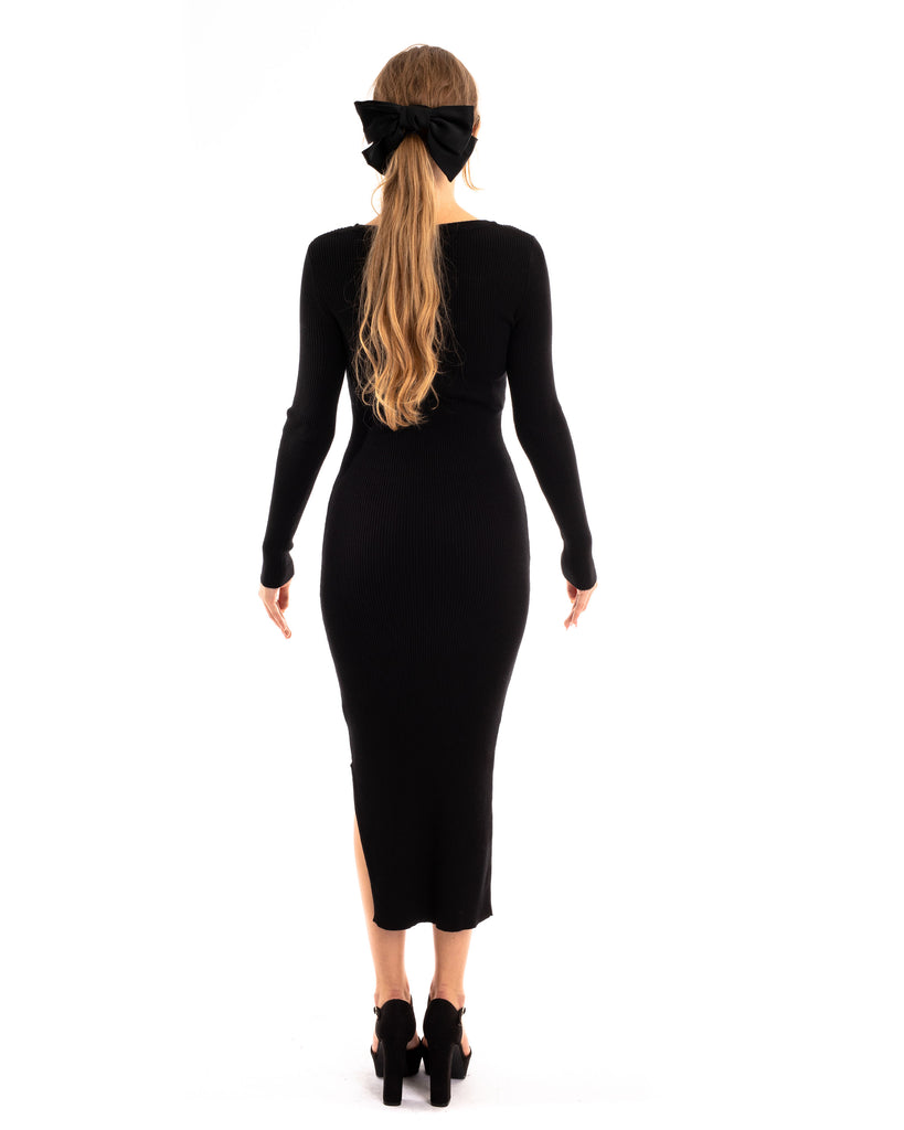 Ribbed midi Knit dress long sleeves in plain black