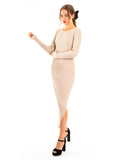 Ribbed midi Knit dress long sleeves in plain beige