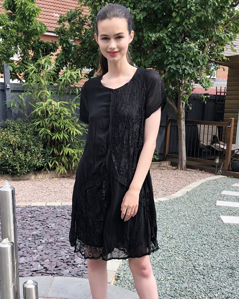 Lace and chiffon patchwork dress in black
