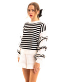Multi layer ruffle sleeves black white color stripe jumper top