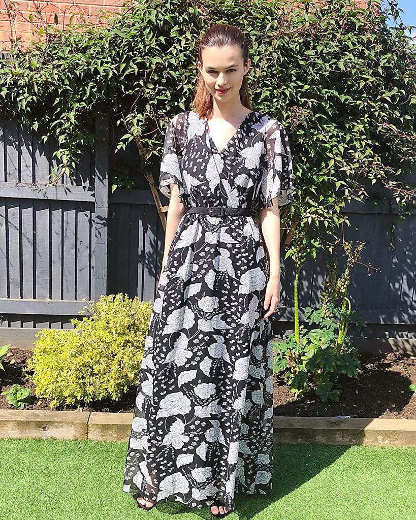 Floral Print Chiffon Wrap Maxi Dress (Black Rose)