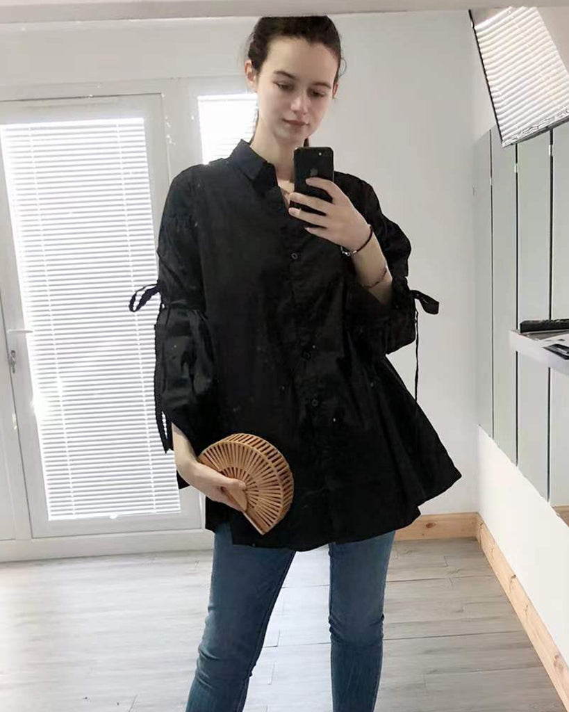 Oversized Ballon sleeves with tie up cotton blend shirt dress in black