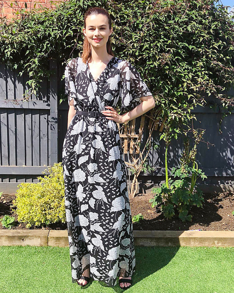 Floral Print Chiffon Wrap Maxi Dress (Black Rose)