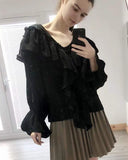 Front Frill detail long sleeves blouse top in black