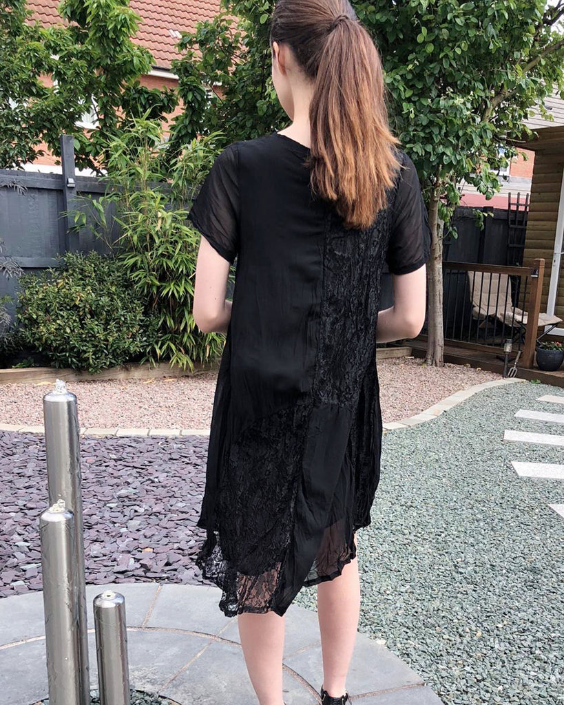 Lace and chiffon patchwork dress in black