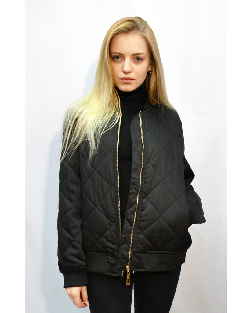 Quilted Satin Puffer Bomber Jacket