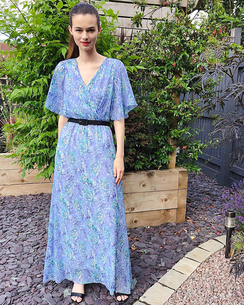 Floral Print Chiffon Wrap Maxi Dress (Blue Floral)