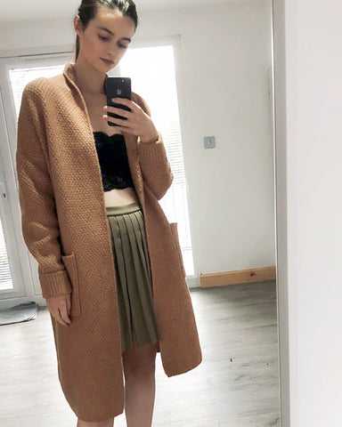 Oversized Boxy rib knit long cardigan with front pocket
