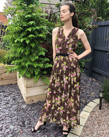 Chiffon Cross Wrap Maxi Dress Brown floral Print