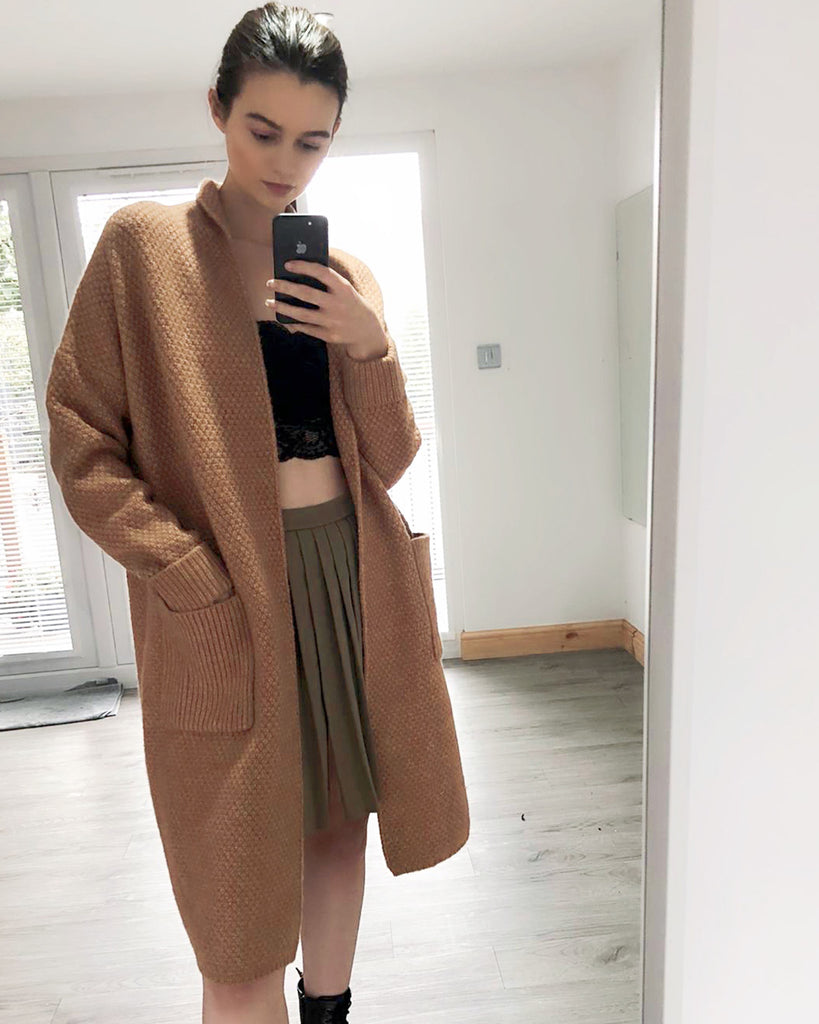 Oversized Boxy rib knit long cardigan with front pocket