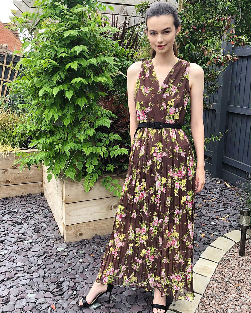 Chiffon Cross Wrap Maxi Dress Brown floral Print