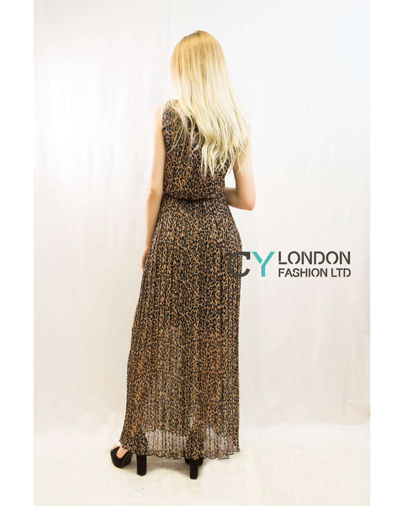 Chiffon Cross Wrap Maxi Dress Brown Leopard