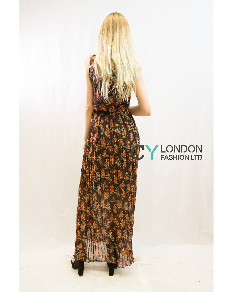 Chiffon Cross Wrap Maxi Dress Brown + Orange Floral