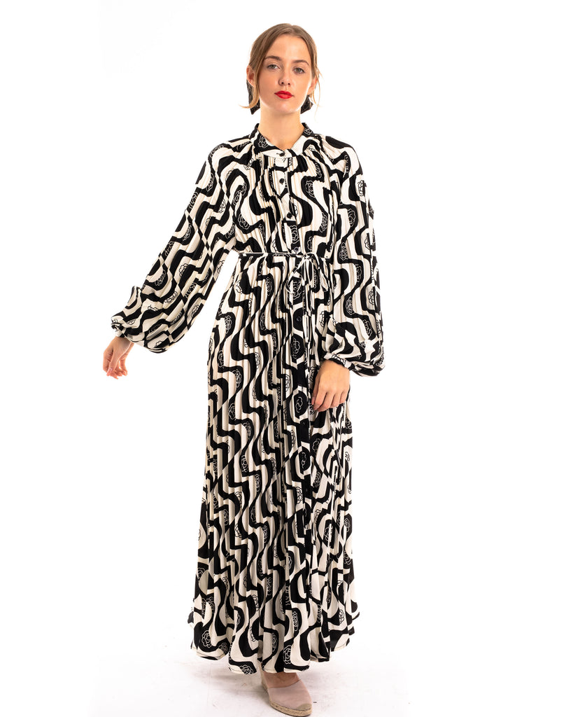 Black and White floral Scarf print Full pleated long Shirt dress