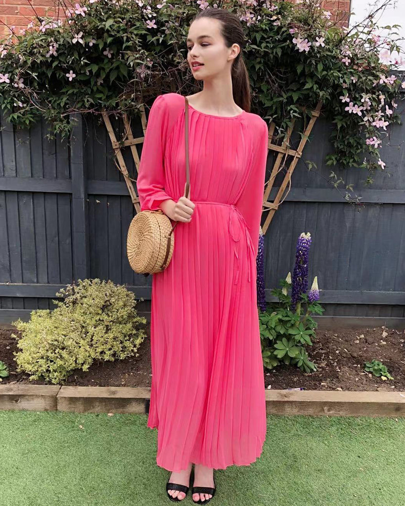 Pleated Long Maxi Dress in coral pink