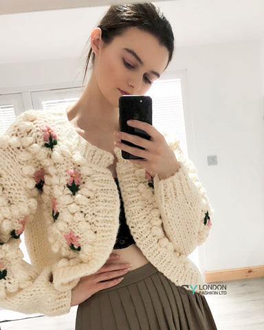 Floral design hand knit cardigan in cream color