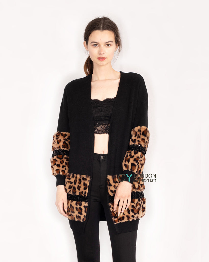 Faux leopard print fur cardigan with embellishment