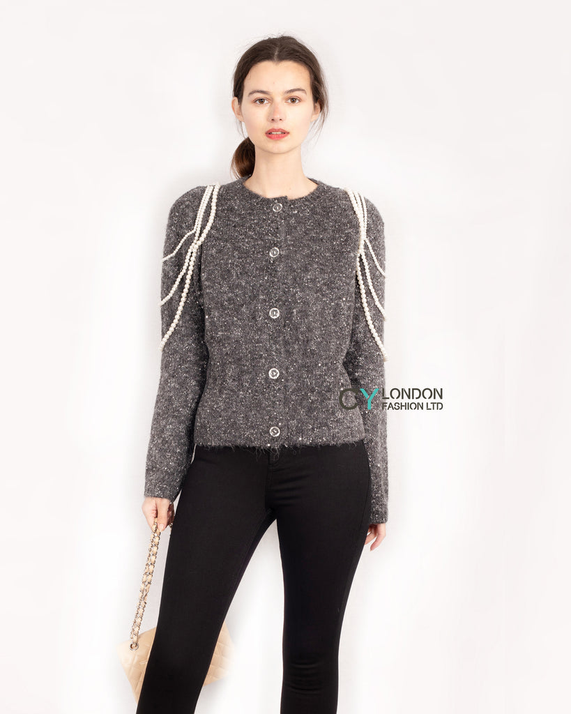 Dark Grey Cardigan with Pearl Chain Embellishments
