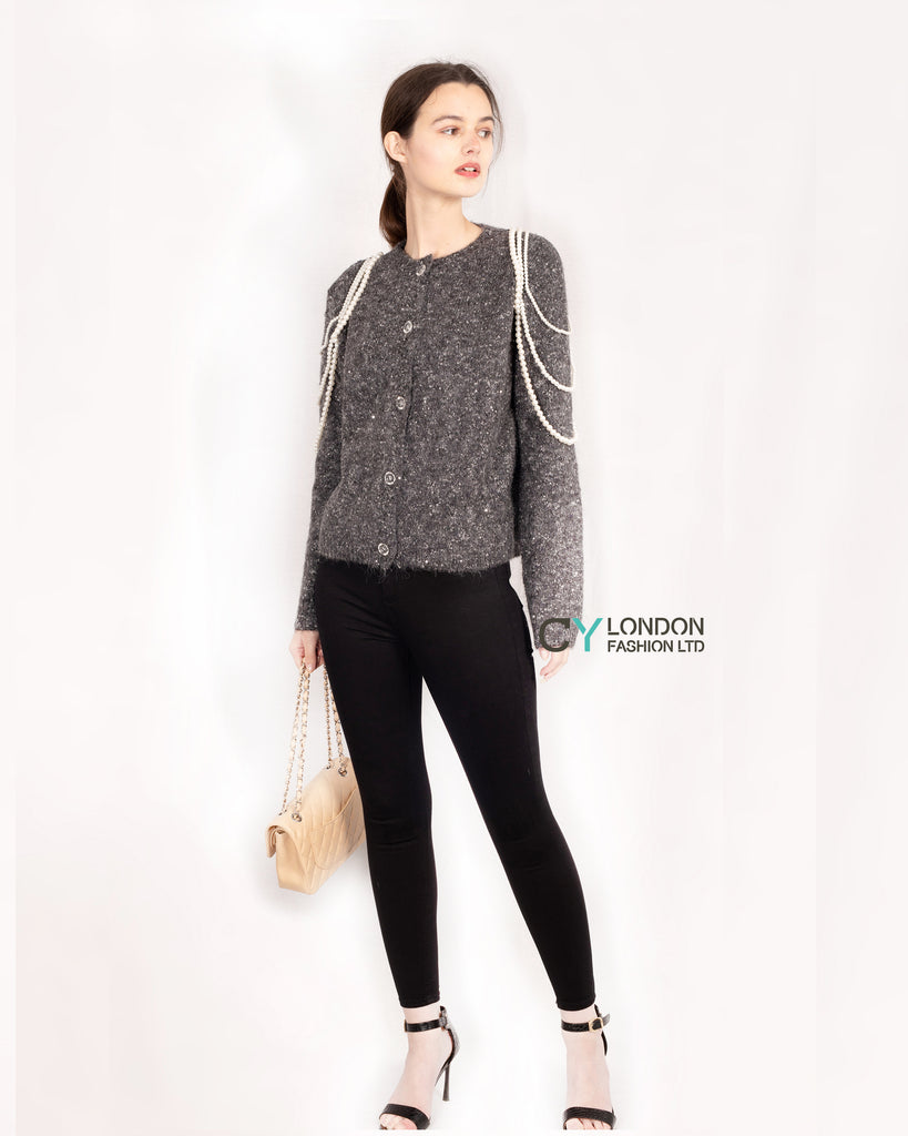 Dark Grey Cardigan with Pearl Chain Embellishments