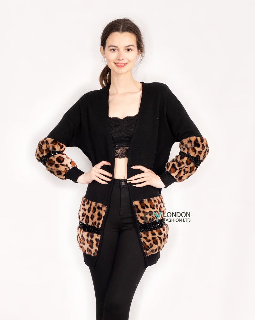 Faux leopard print fur cardigan with embellishment